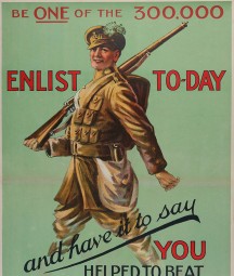 An enlistment poster featuring a young soldier shouldering a rifle. Text reads: "Be ONE of the 300,000" "Enlist Today and have it to say YOU helped to beat the Germans" "Go to the recruiting officer and join an Irish regiment"