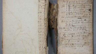 Old book on table with handwriting - MS 2104 is a volume of manuscript maps, dated c. 1750