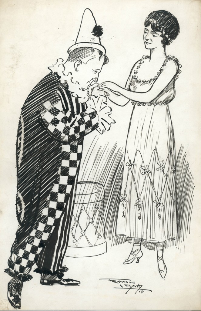 Frank Leah sketch of Rosie Boote being greeted by Harlequin. NLI call no. PD 2159 TX (20) 52, part of our Joseph Holloway Collection