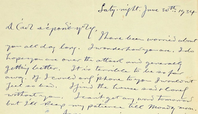 Letter from Seán T. Ó Ceallaigh (O'Kelly), Saturday night, June 30th 1934, to his wife Cáit (Mary-Kate or Kit) in Bad Nauheim, Germany. NLI ref. no. Ms. 47,977