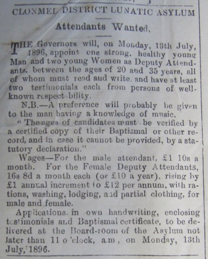 ... with rations, washing, lodging, and partial clothing, for male and female, Nenagh News, 4 July 1896