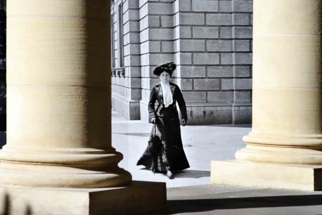 Our Miss Considine, captured striding into the Library perhaps to read the latest news in papers that Abigail and others now consult on microfilm or online. Photographer Michael Stamp