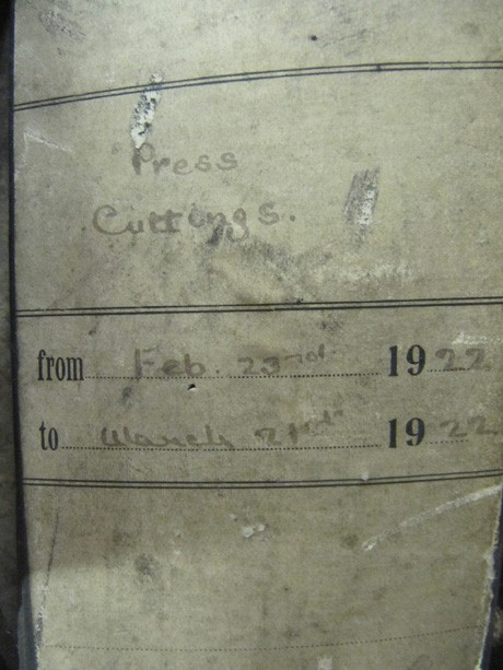 Original box file of Press Cuttings from 23 February to 21 March 1922