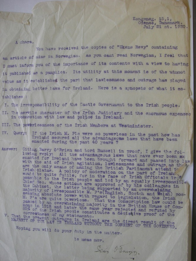 Report from Seán O'Duinn, Odense, Denmark, 21 July 1920