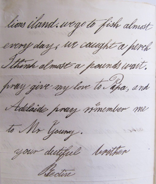 Second page of a letter from Bective, later 3rd Marquess Headfort to his brother, Edward Tuite Dalton, very sweetly boasting of catching a perch that was almost a pounds wait [sic]. NLI ref. Ms. 49,015.