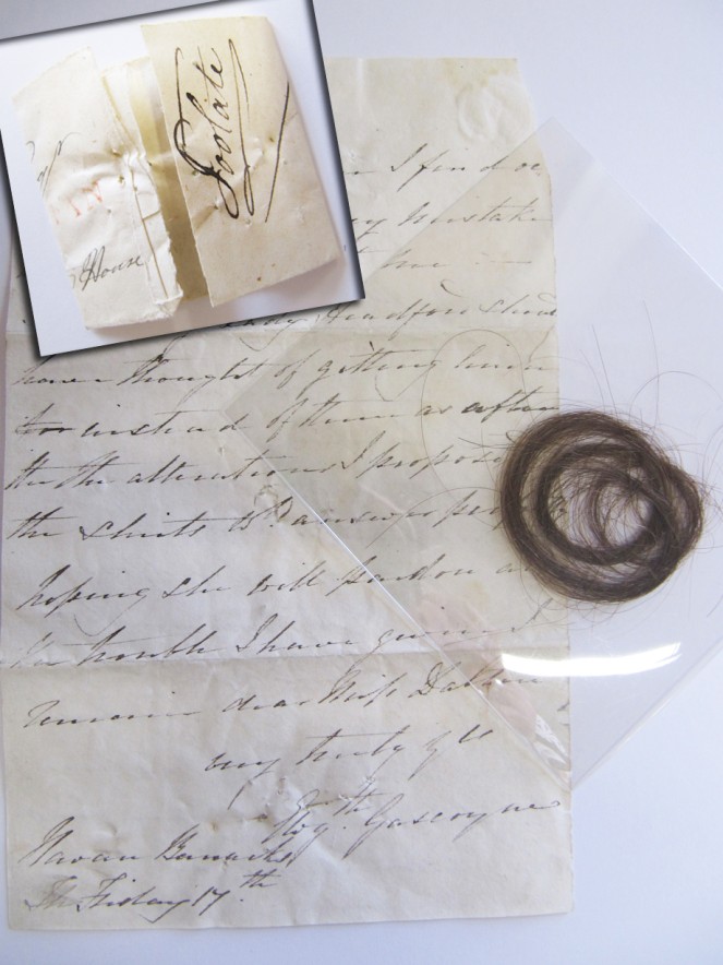 Surprisingly unromantic letter to Adelaide Tuite Dalton from a gentleman at Navan Barracks containing a lock of hair, NLI ref. Ms. 49,014/1 and another lock wrapped in paper that says Edward Lucas Esq. of Castleshane House, Co. Monaghan (the owner of said lock?)