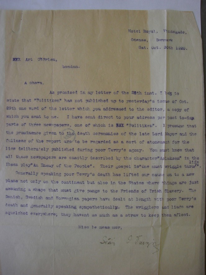 Letter from Seán O'Duinn in Odense to Art O'Brien (Ó Briain) in London, Saturday, 30 October 1920