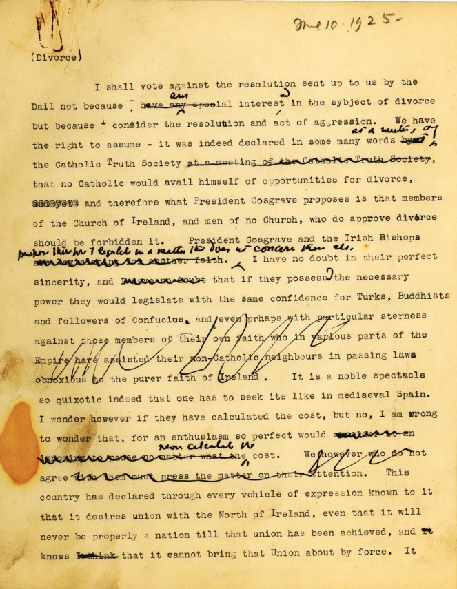 Working Draft of W.B. Yeats Divorce Speech, dated 10 June 1925 (NLI Yeats Collection)