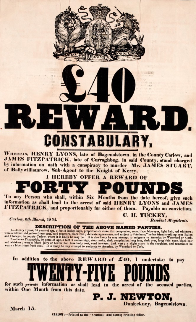 Carlow, March 1854, Reward Poster for two miscreants wanted for Conspiracy to Murder (from our Ephemera Collection)