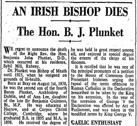 Notice of death of Benjamin Plunket, Bishop of Meath in the Irish Times, 27 January 1947