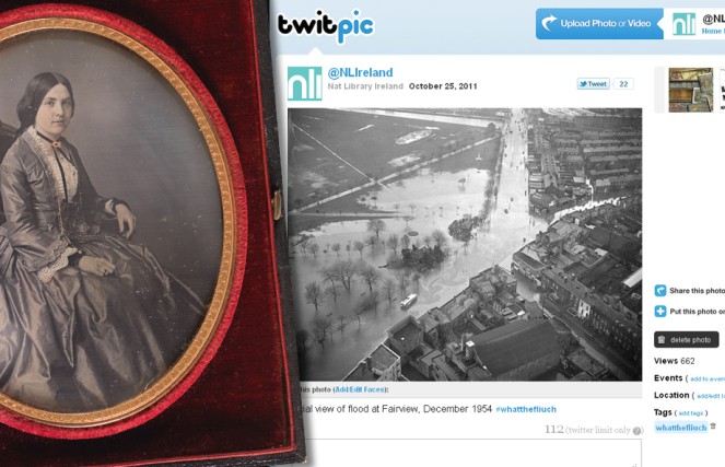From Daguerreotypes to Twitpics! This is the very lovely Miss Coddington of Co. Louth, patiently sitting in her chair since 1852, alongside a photo from our Independent Newspapers (Ireland) Collection, tweeted the morning after last month's Dublin flooding...