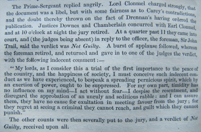 The final exciting moments of the Drennan Trial from The Speeches of the Right Honourable John Philpot Curran, p. 232. NLI ref. J 825