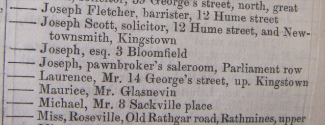 Entry for one Joseph Moore, Parliament Row, Dublin in Thom’s Almanac and Dublin Directory, 1859
