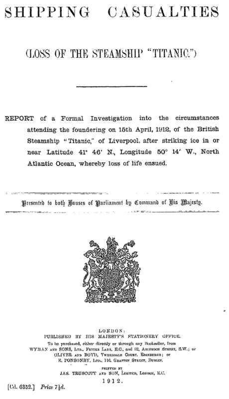 Title page of the British Parliamentary report on the sinking of the Titanic