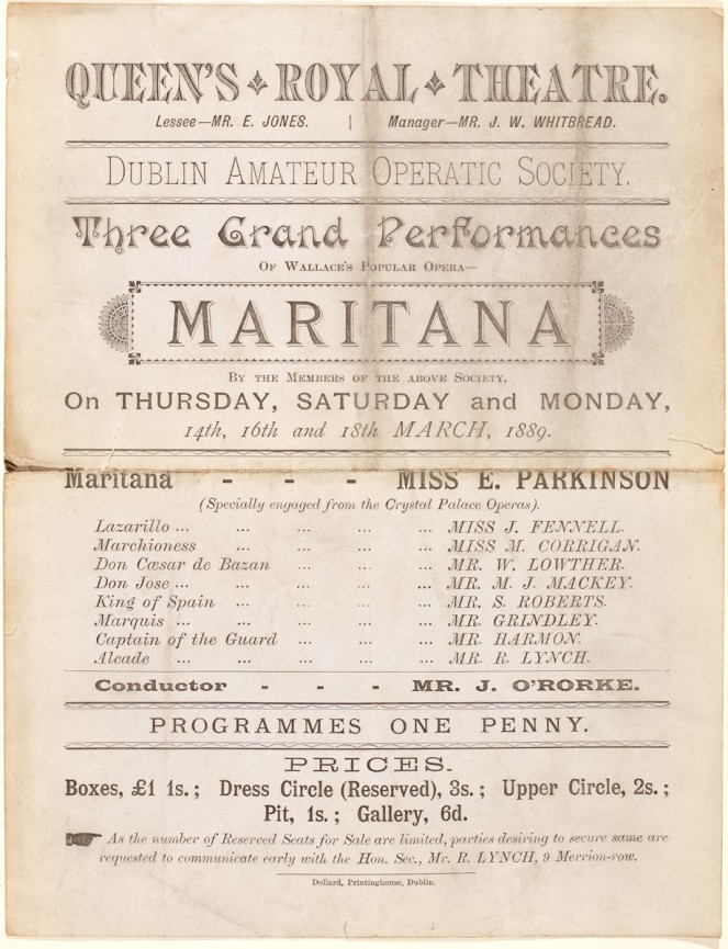 Programme for Three Grand Performances of Maritana at the Queen's Royal Theatre, Dublin in March 1889