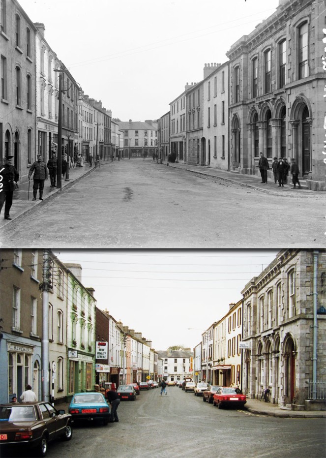 Main Street in Boyle, Co. Roscommon from our Lawrence Photographic Collection, late 19th/early 20th century (L_ROY_07361); Then photographed on Saturday, 29 September 1990 at 2.15 p.m. (LPP_33/33)
