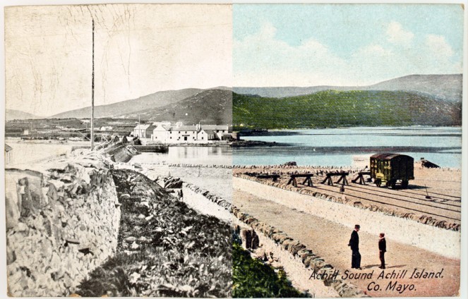 Achill Sound, Achil Island, Co. Mayo. Sadly, this railway line is no longer in use. It closed down in 1937. Superimposed on the right hand side (in a very snazzy way) is a rare example of a coloured postcard in this collection. (Lawrence Postcard Series)