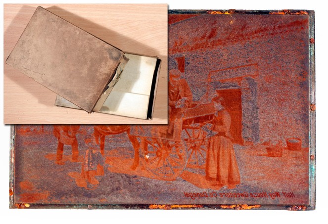 Original copper plate storage box (inset) and copper plate for a postcard of the Half Way House, Gweedore, Co. Donegal. (Lawrence Postcard Series)