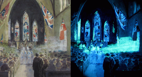 Fig. 3. A spooky wedding scene emerges when examined with ultraviolet light as the zinc white pigment fluoresces green! 