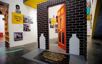 Interior photograph of RTÉ exhibition: Ireland on the Box featuring the magic door