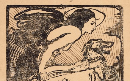 A hand illustrated working proof for the Abbey Theatre featuring an angel holding an Irish wolfhound by the lead